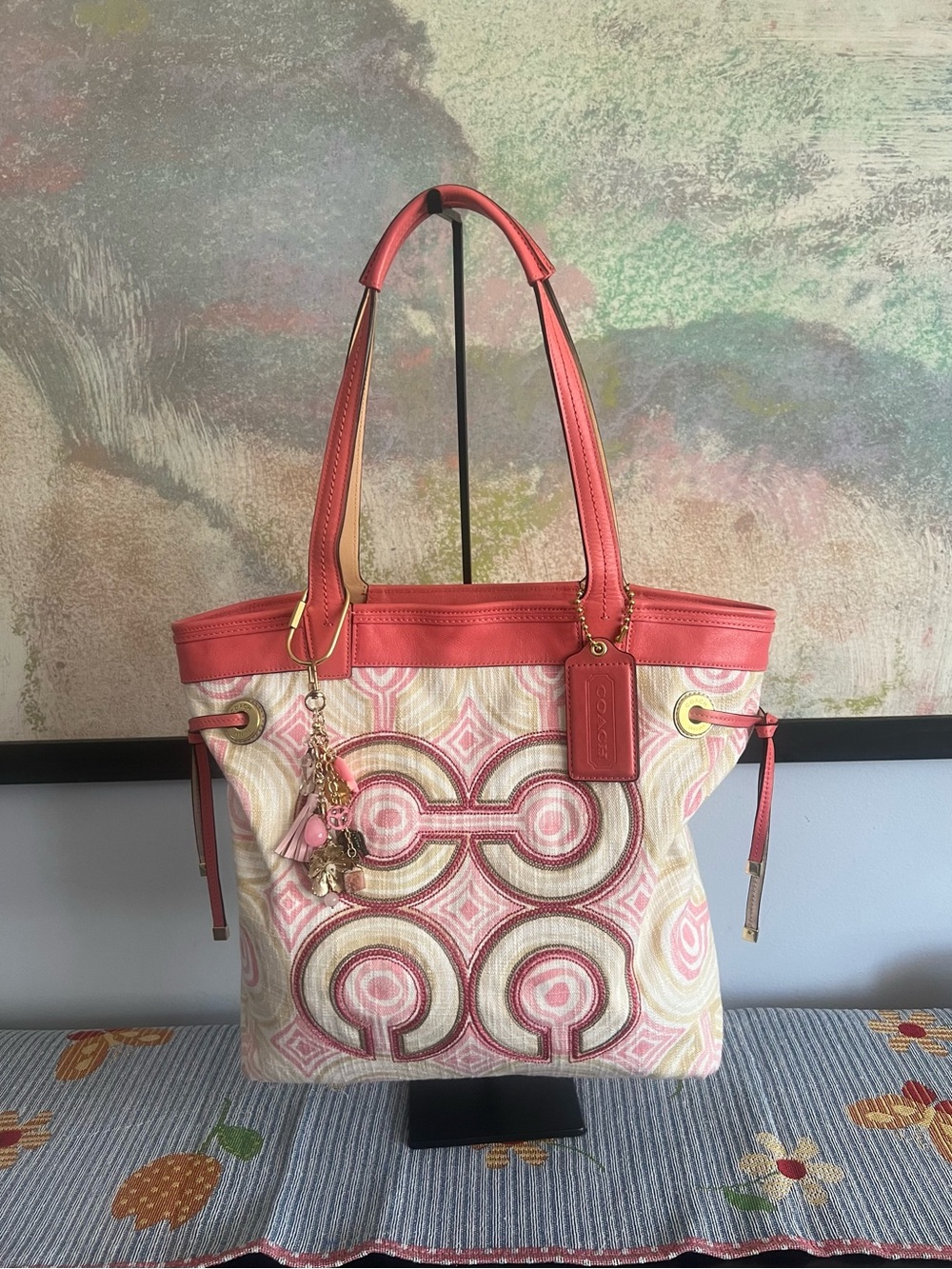 Coach Audrey Signature OP‎ Art Leigh Tote Bag Coral Pink Canvas Leather